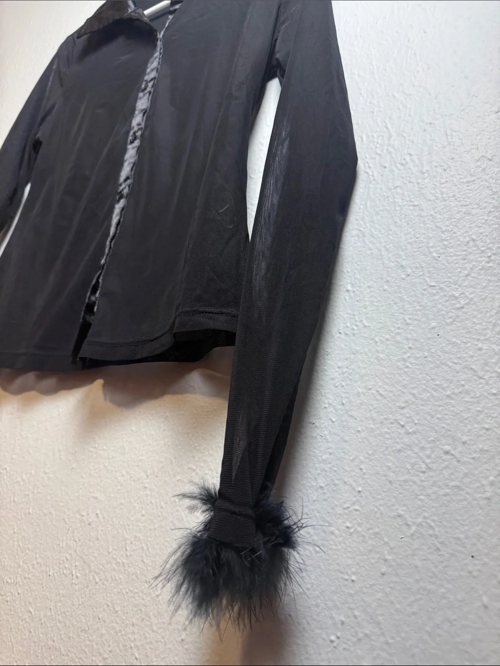Black Sheer Satin-Trim Button-Up Jacket